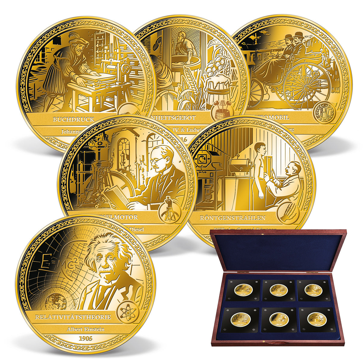 Produktbild von 6er 1/200 Unze Feingold-Münzen Komplett-Set 'Deutscher Erfindergeist'