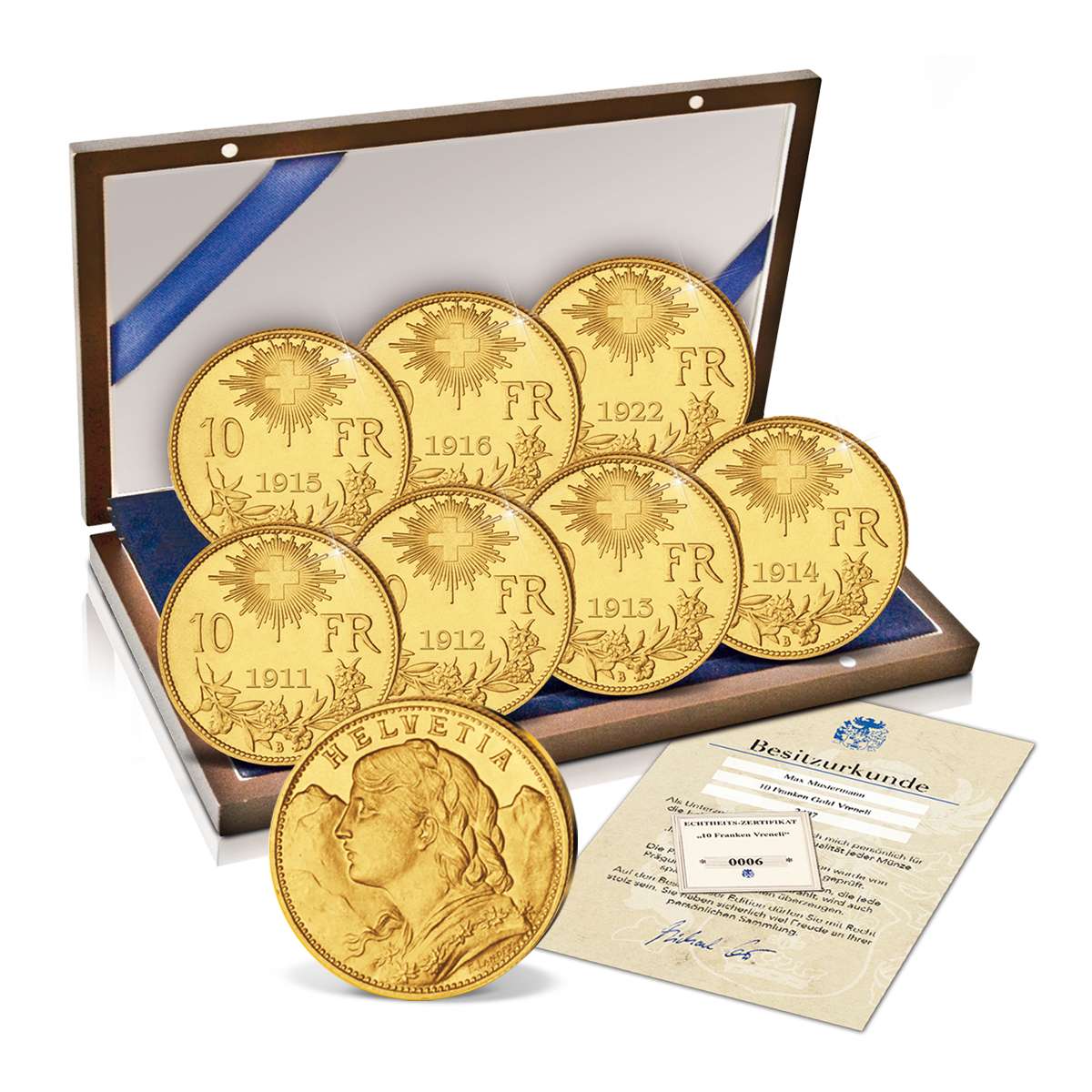 Produktbild von 7er Goldmünzen-Komplett-Set '10 Franken Vreneli 1911-1922'