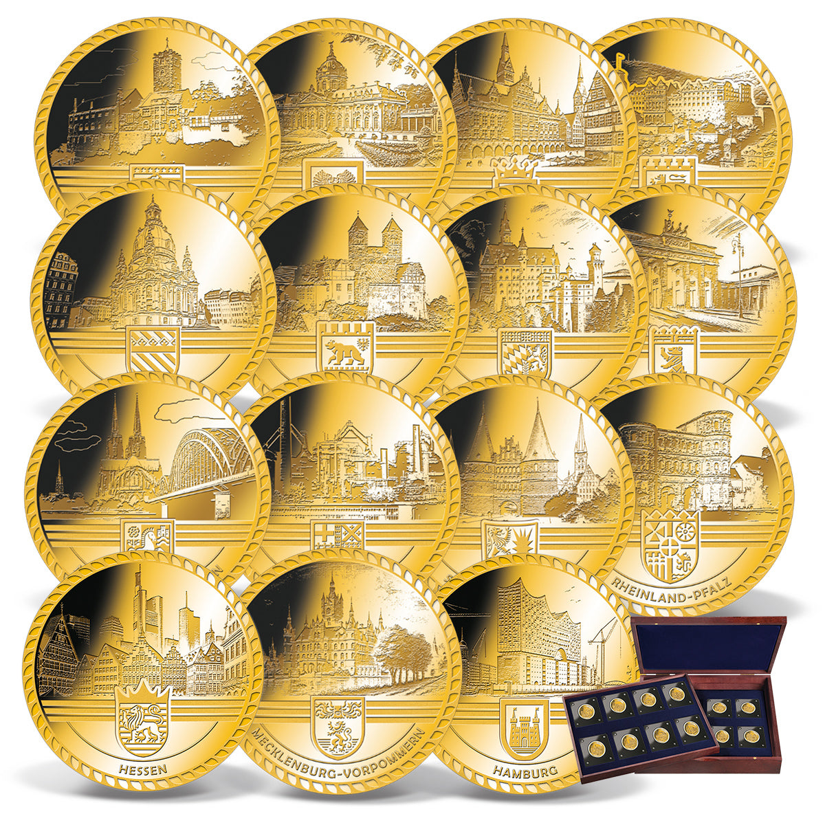 Produktbild von 16er 1/500 Unze Feingold-Münzen Komplett-Set 'Deutschland Edition'