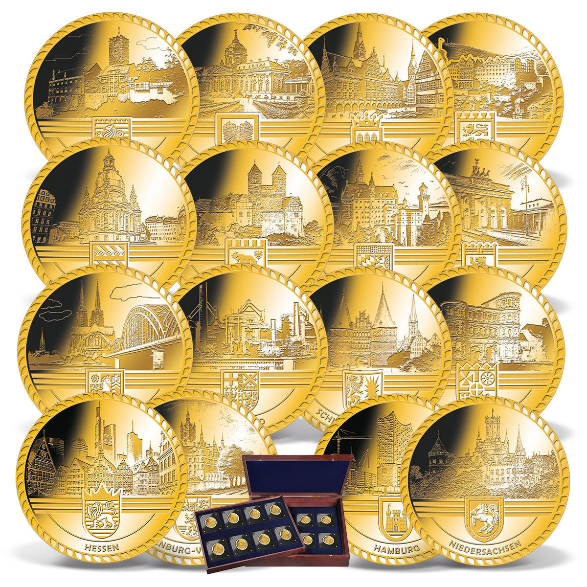 Produktbild von 16er 1/500 Unze Feingold-Münzen Komplett-Set 'Deutschland Edition'