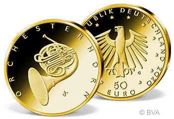 Die neue 50 Euro Goldmünze "Orchesterhorn" (Serie "Musikinstrumente) Deutschland 2020