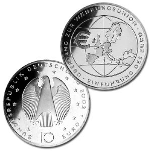 Ihr Silberanteil und der günstige Preis machten die 10 Euro-Gedenkmünzen zu beliebten Sammlerstücken, hier die Ausgabe zur Währungsunion 2002.