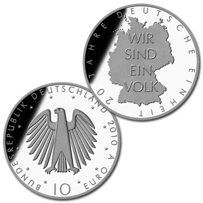 Bei Sammlern beliebt: Die Zehn Euro-Gedenkmünzen, hier die Ausgabe „20 Jahre Deutsche Einheit“