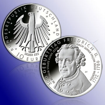 Die neue 10 Euro-Gedenkmünze „300. Geburtstag Friedrich II.“ ist bei Bayerisches Münzkontor erhältlich.
