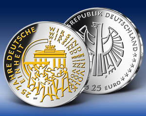 25 Euro-Silbergedenkmünze "25 Jahre Deutsche Einheit" mit Teilvergoldung