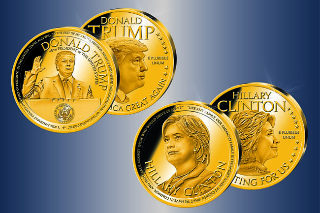 Sonderprägungen von American Mint zu den Präsidentschaftskandidaten Trump und Clinton
